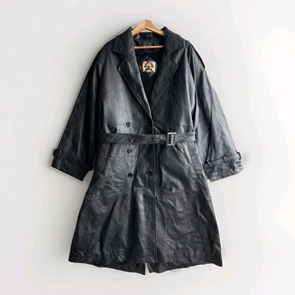VTG Phase 2 Men's 2X Black Leather Trench Coat Fur Lined Belted Long Coat Jacket